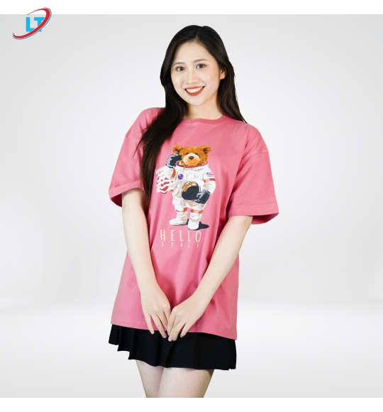 Áo thun cổ tròn 100% cotton  in hình hấu hel lo  (phom rộng )