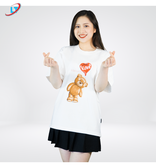 ÁO  thun  100% cotton  màu kem in hình gấu love  