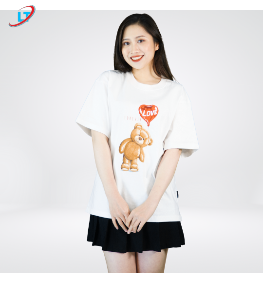 ÁO  thun  100% cotton  màu kem in hình gấu love  